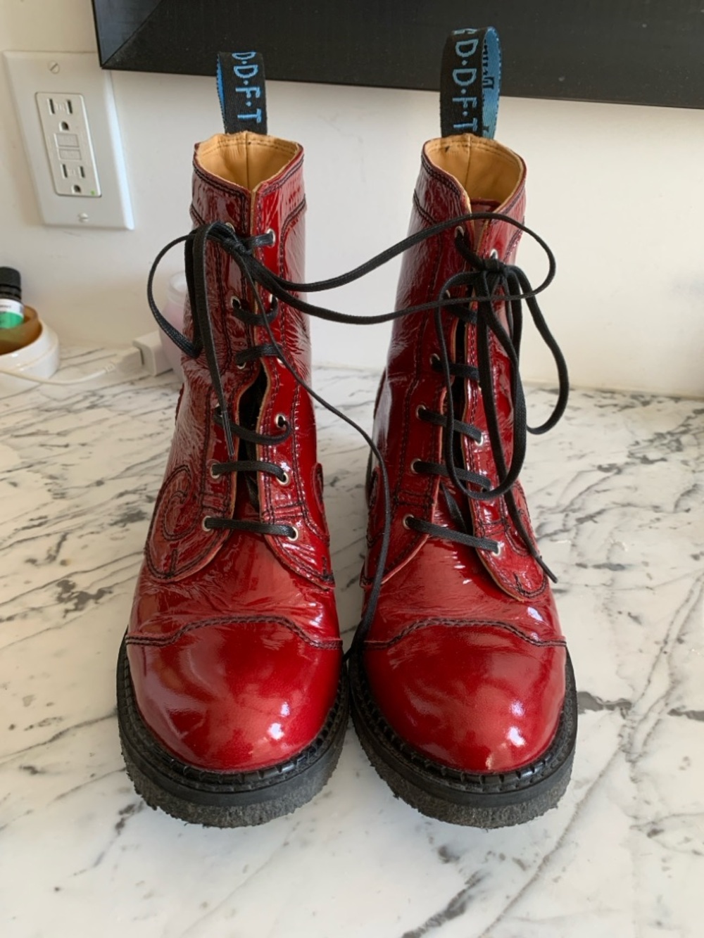 Fluevog’s Slacker Tardy Women's Dark Red Patent Lace-Up Boots